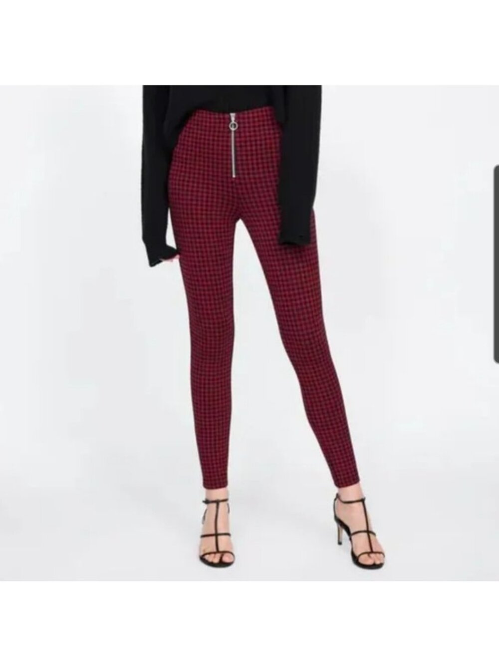 Zara Red Black Buffalo Check Mini Plaid Zip Strech Knit Pants High Rise Leggings